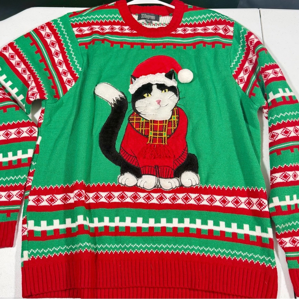 33 Degrees Tuxedo Cat Ugly Christmas Sweater - XXL Festive Green & Red